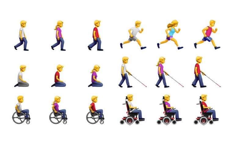 Tante varianti di emoji raffiguranti esseri umani con diverse posture e tonalità della pelle su sfondo bianco