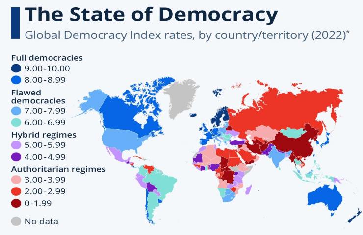 Mappa del 2022 che segnala dove c'è democrazia nel mondo