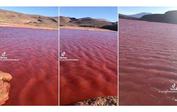 Immagini si TikTok con un corso d'acqua rosso nel deserto